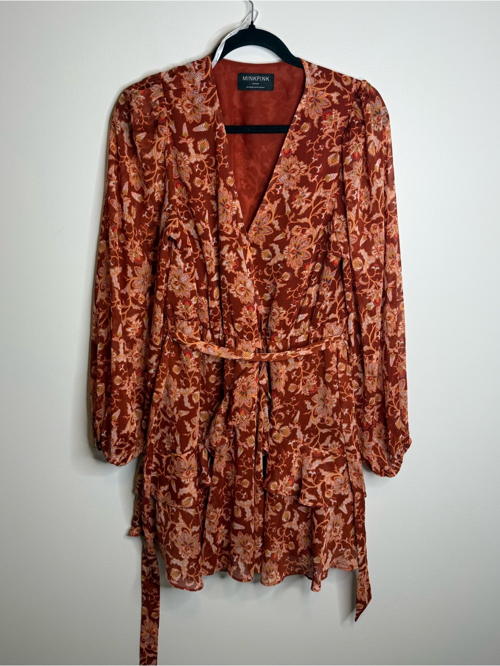 MINKPINK Burnt Orange Floral Long-Sleeve Wrap Dress size medium
